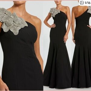 Mac Duggal Black One-Shoulder Dress with Silver Floral Detail